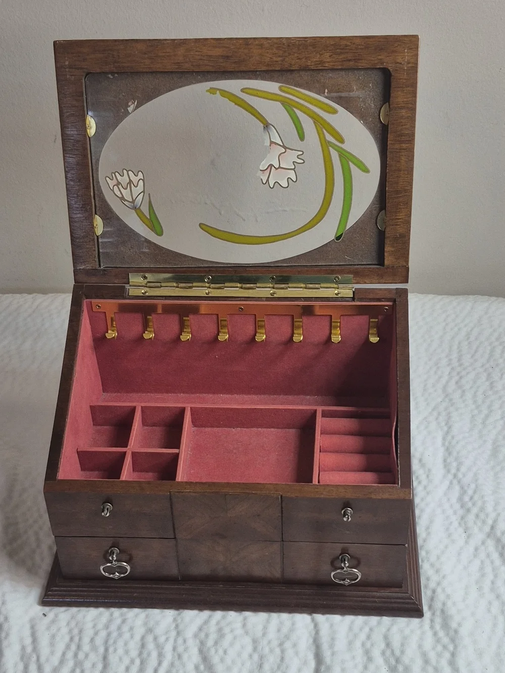 Vintage Wood Jewelry Box w/ Mirror, Floral Glass Lid, Drawers, Brown 11in 25+ pc